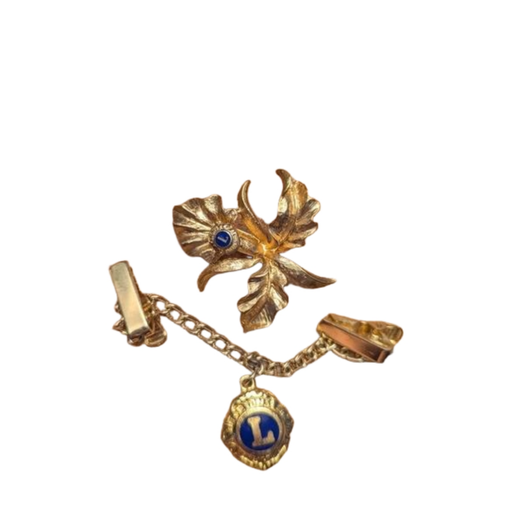 Lions Club International sweater clip and Orchid Brooch 10kt gp vintage